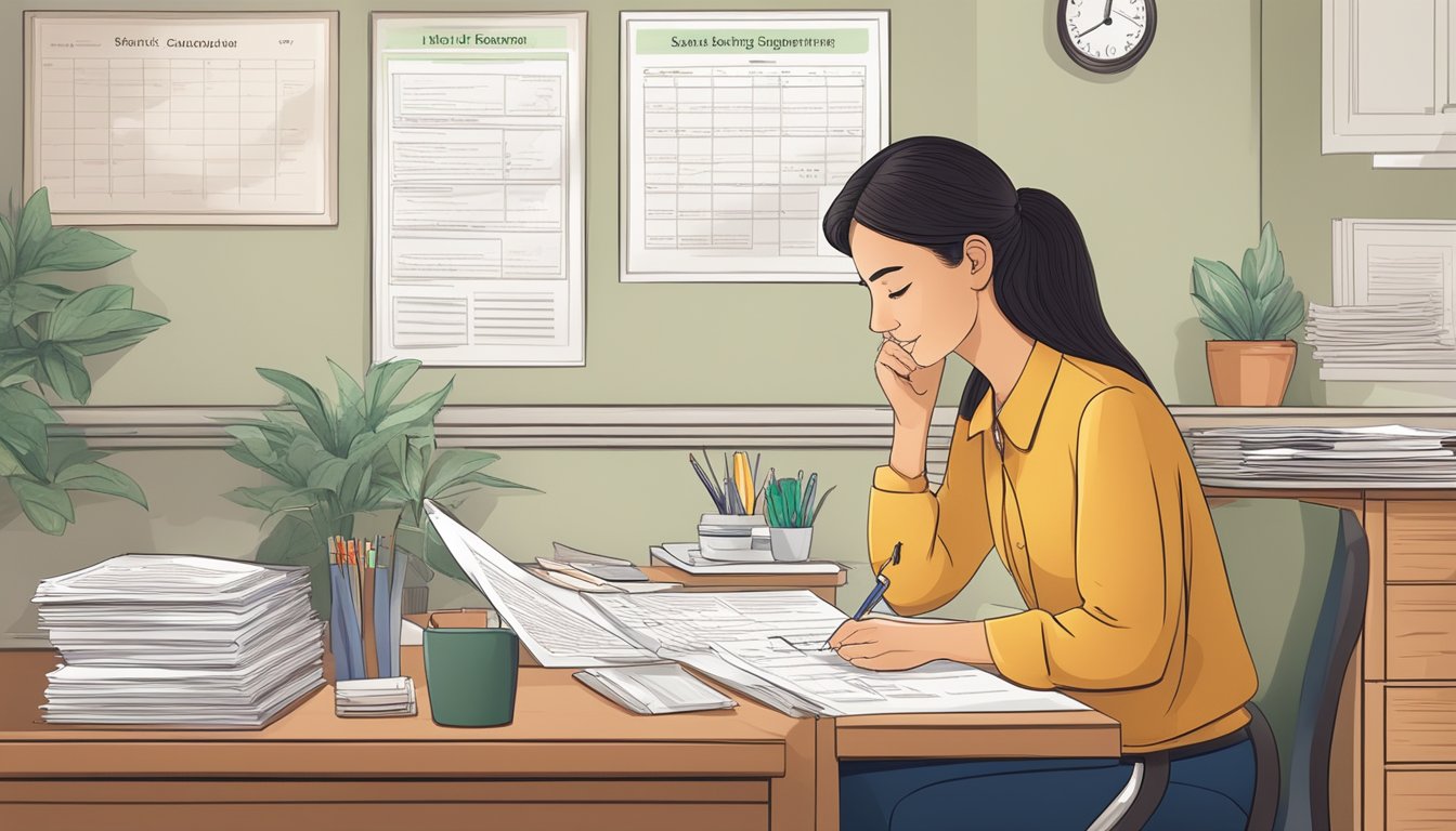 A home caregiver reviews legal documents at a desk, while a schedule of appointments and a list of employment considerations are pinned to the wall