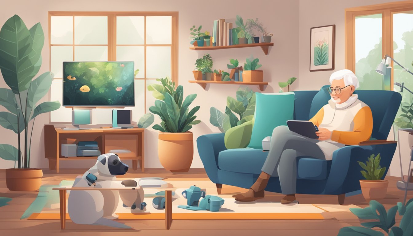 A cozy living room with an elderly person sitting in a comfortable chair, surrounded by various technological devices designed for pet therapy, such as interactive robotic pets and virtual reality simulations of outdoor environments