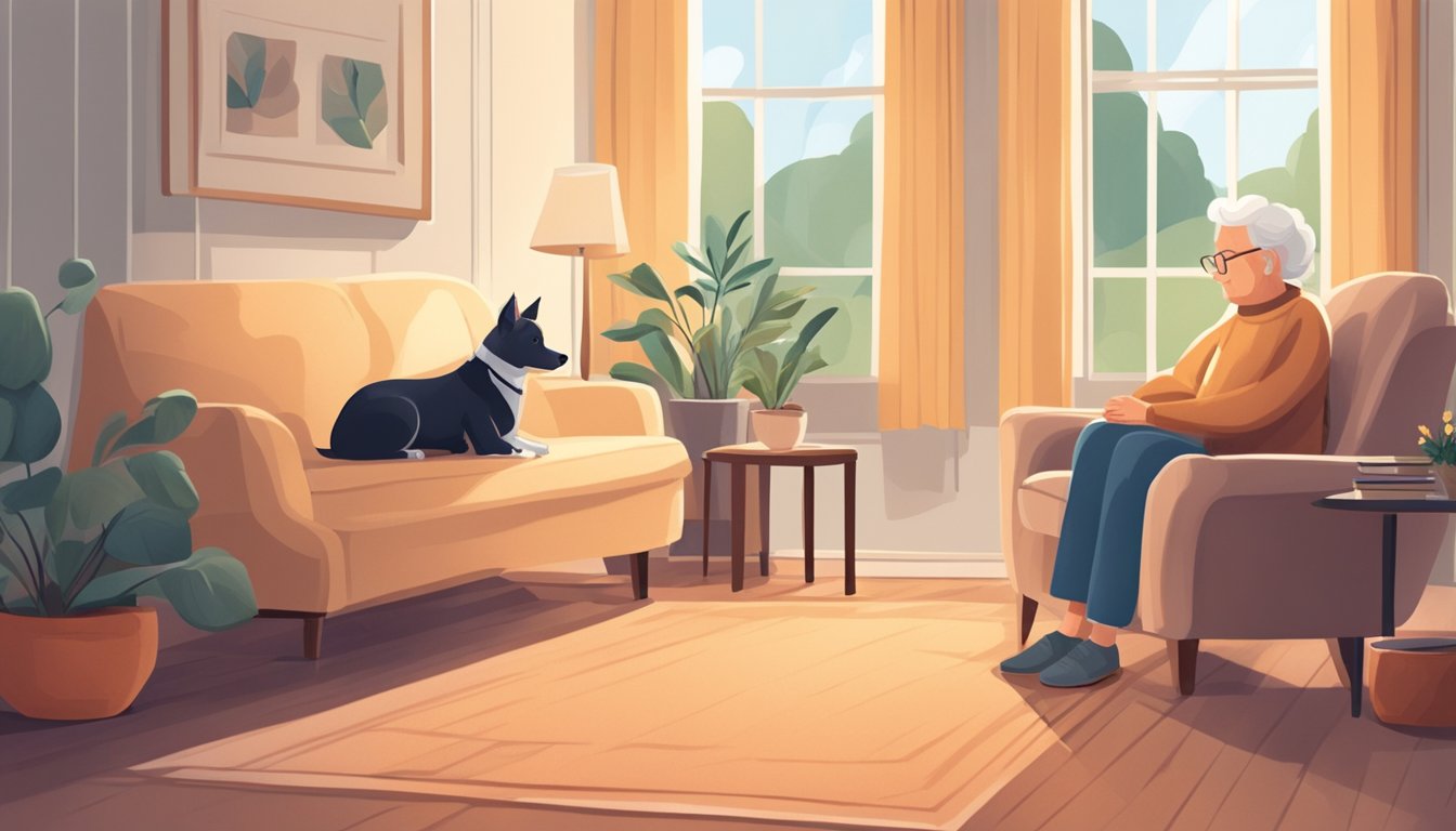 A cozy living room with a comfortable armchair and a small dog sitting calmly next to an elderly person. The room is filled with warm natural light and peaceful atmosphere