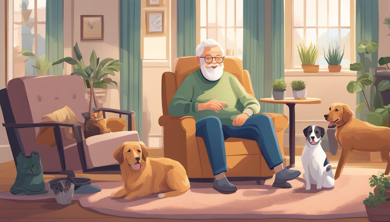 A cozy living room with a senior sitting in a comfortable chair surrounded by pets, including a dog and a cat, while a caregiver looks on with a smile