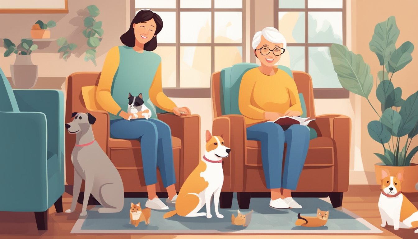 A cozy living room with an elderly person sitting in a comfortable chair surrounded by cheerful pets, such as dogs or cats, while a caregiver looks on with a smile