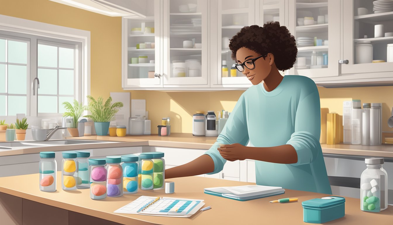 A caregiver organizing medication bottles and a pill organizer on a clean, well-lit kitchen counter, with a calendar and notebook nearby for tracking doses