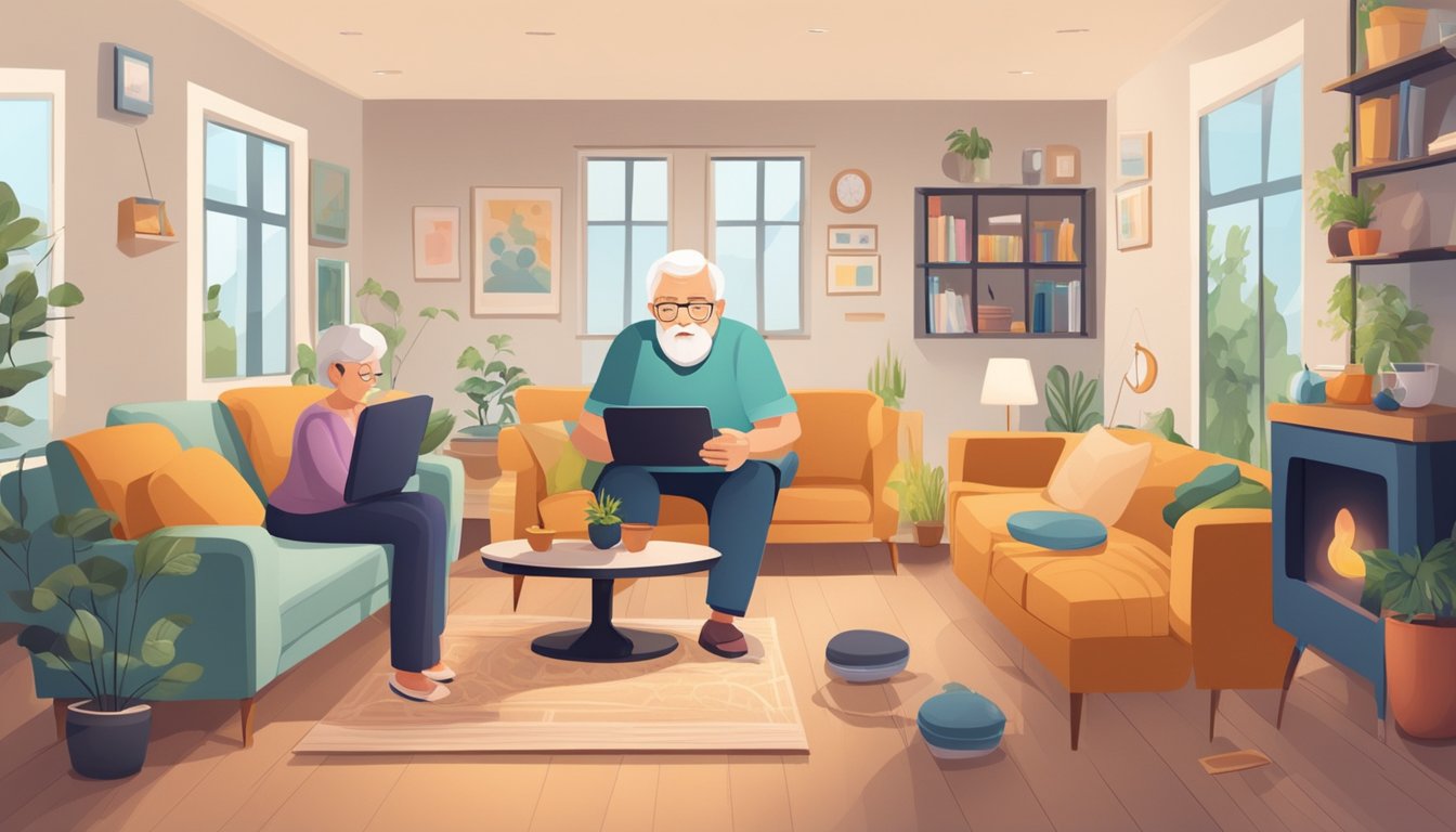 A cozy living room with an elderly person using a tablet to video chat with loved ones, surrounded by smart home devices and technology designed to enhance communication and connection