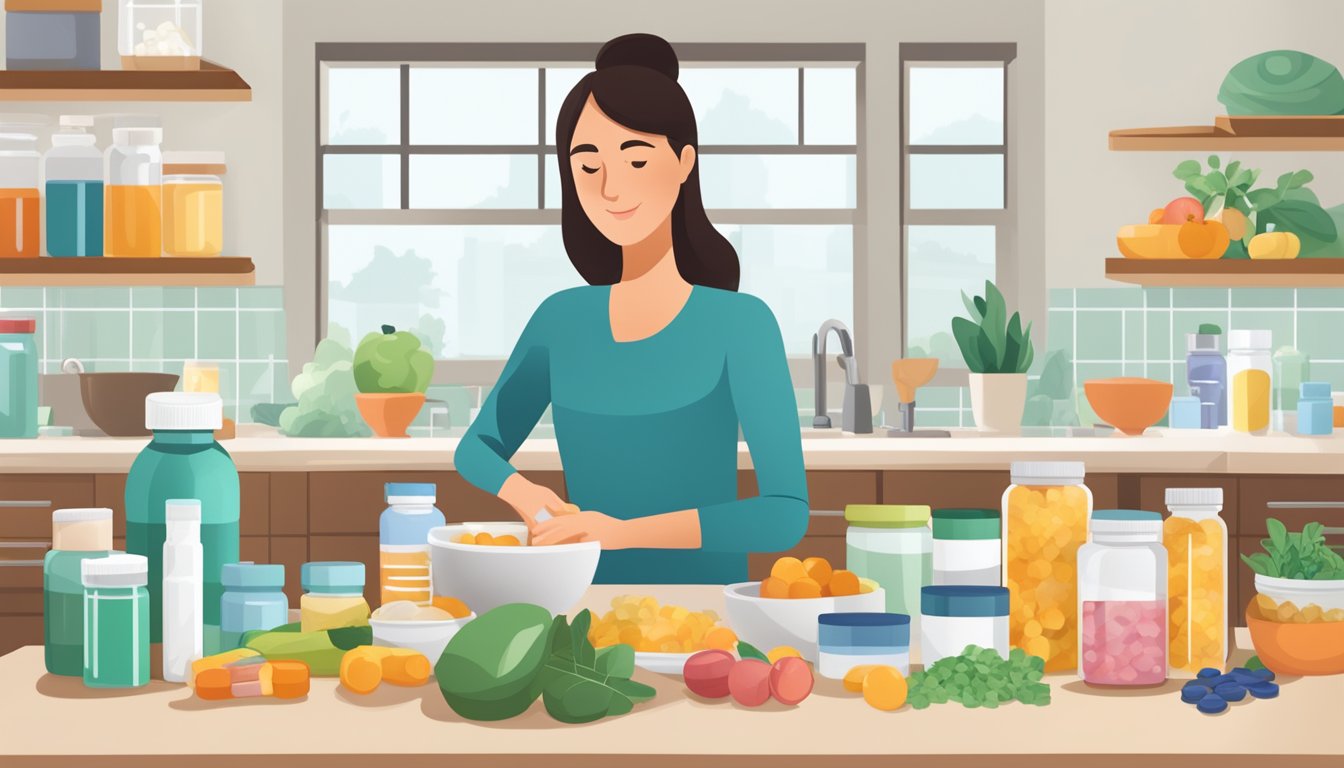 A caregiver organizes a variety of supplements and medications on a countertop, alongside a healthy meal and exercise equipment, emphasizing holistic care