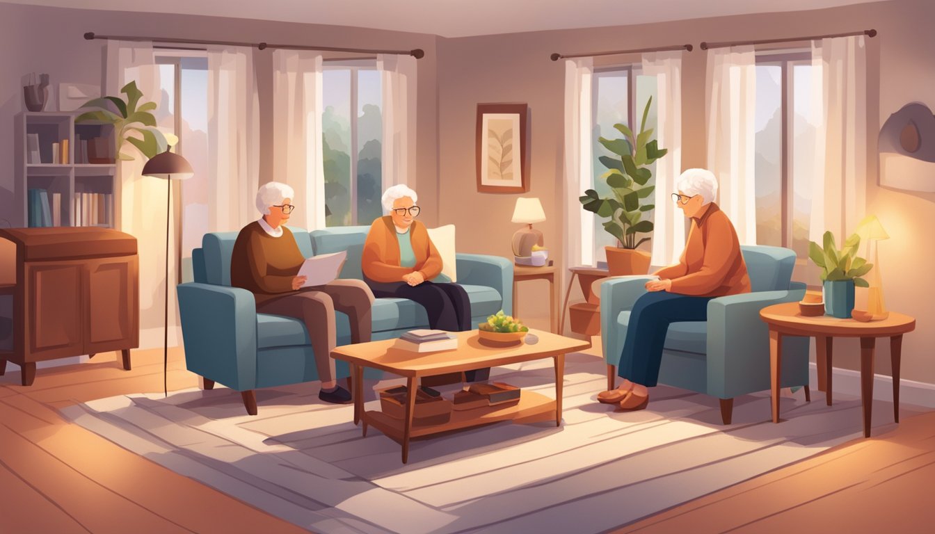 A cozy living room with warm lighting, comfortable furniture, and personal mementos. A caregiver engages with an elderly person through conversation and activities