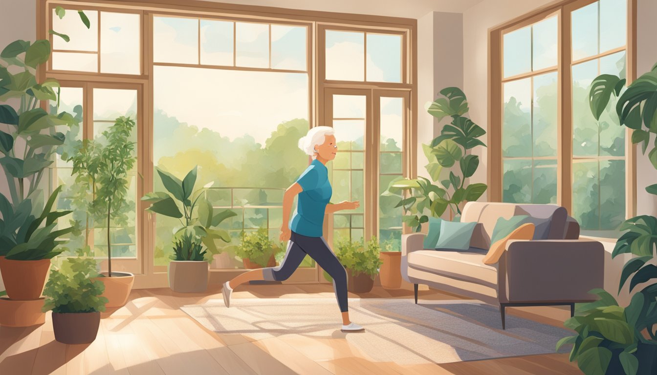 An elderly person exercising alone in a well-lit living room, surrounded by plants and with a large window overlooking a peaceful garden