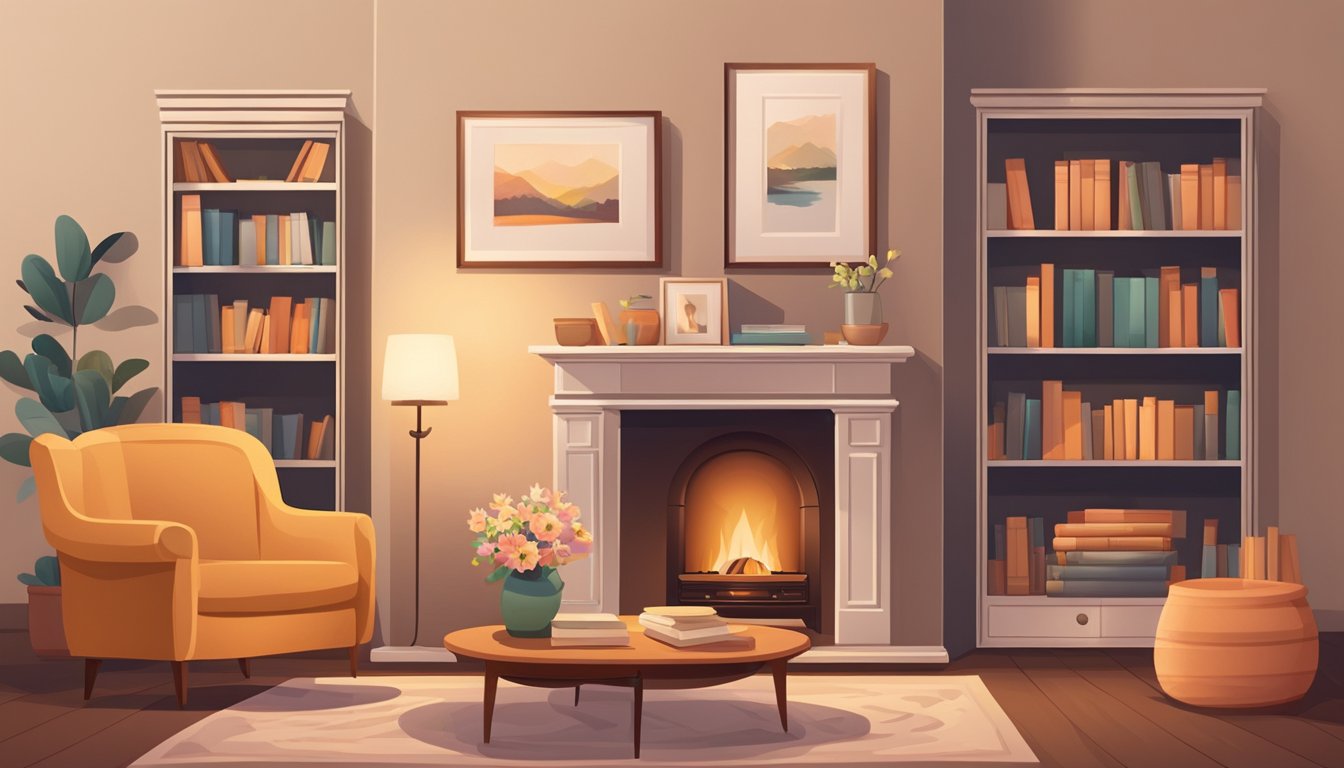 A cozy living room with a fireplace, comfortable furniture, and warm lighting. A bookshelf filled with books and family photos. A small table set for tea with a vase of fresh flowers