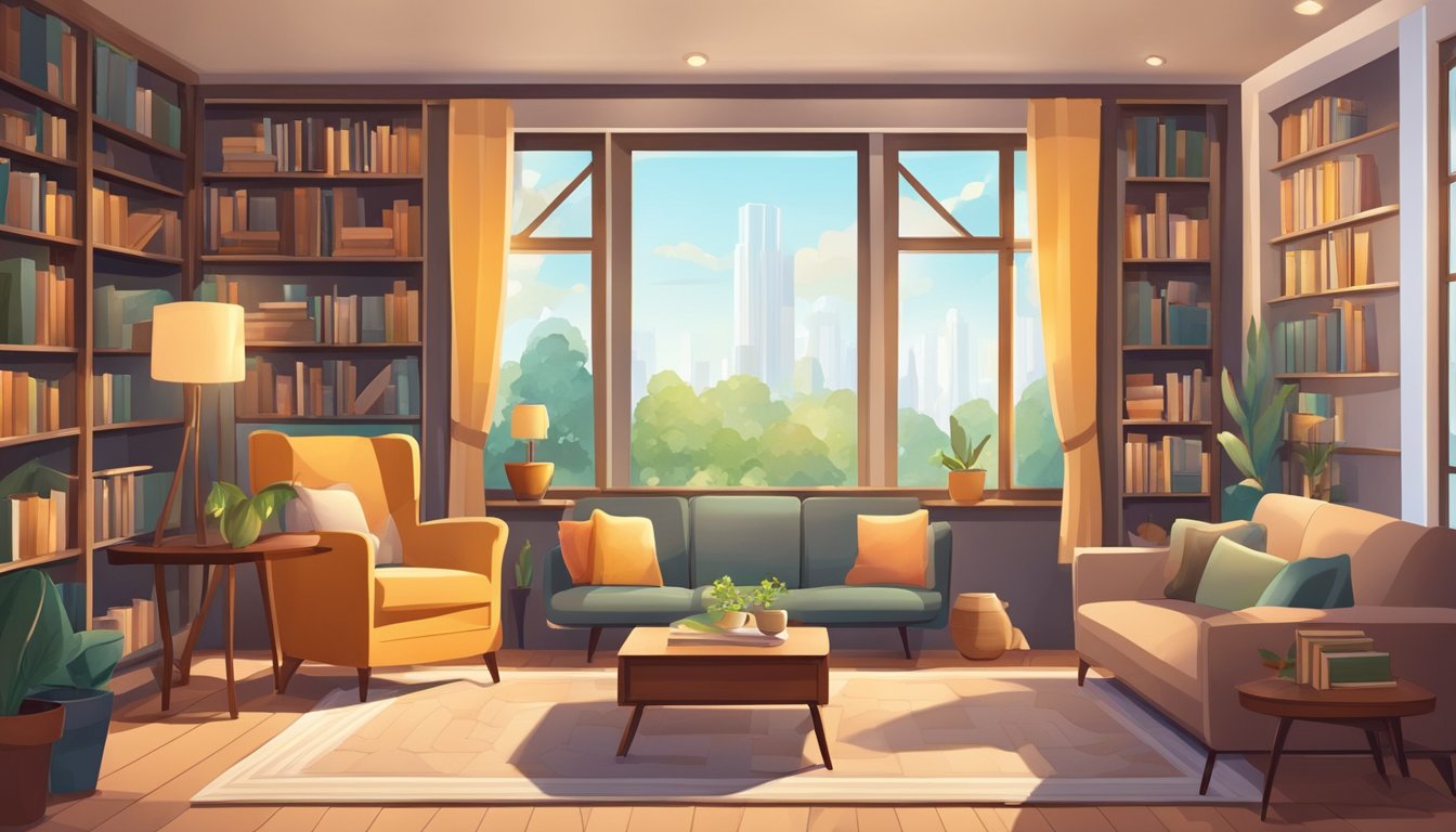 A cozy living room with a large window, comfortable furniture, and warm lighting. A bookshelf filled with books and photos, and a small table with a puzzle or board game