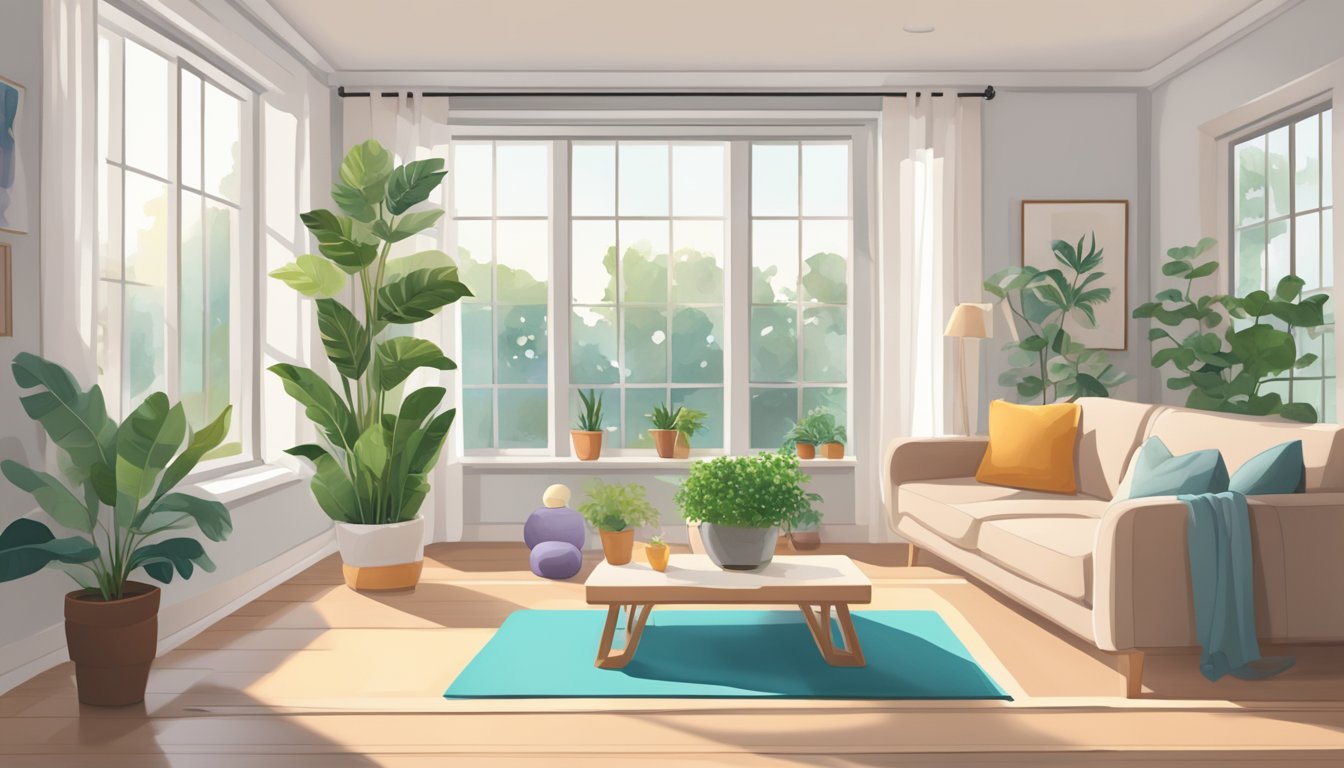 A cozy living room with a yoga mat, resistance bands, and light dumbbells. A large window lets in natural light, and a potted plant adds a touch of greenery