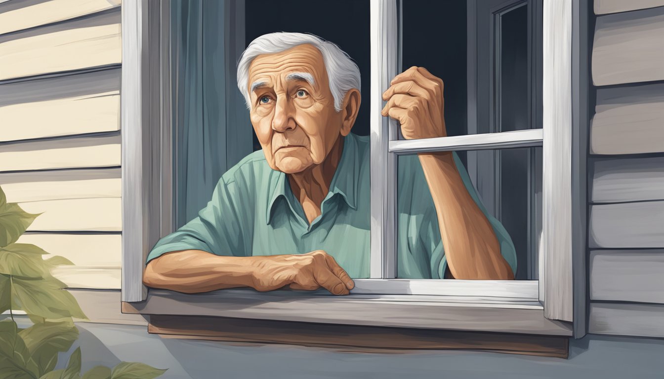 A concerned neighbor peering through a window, noticing neglected living conditions and signs of physical or emotional abuse in an elderly person's home