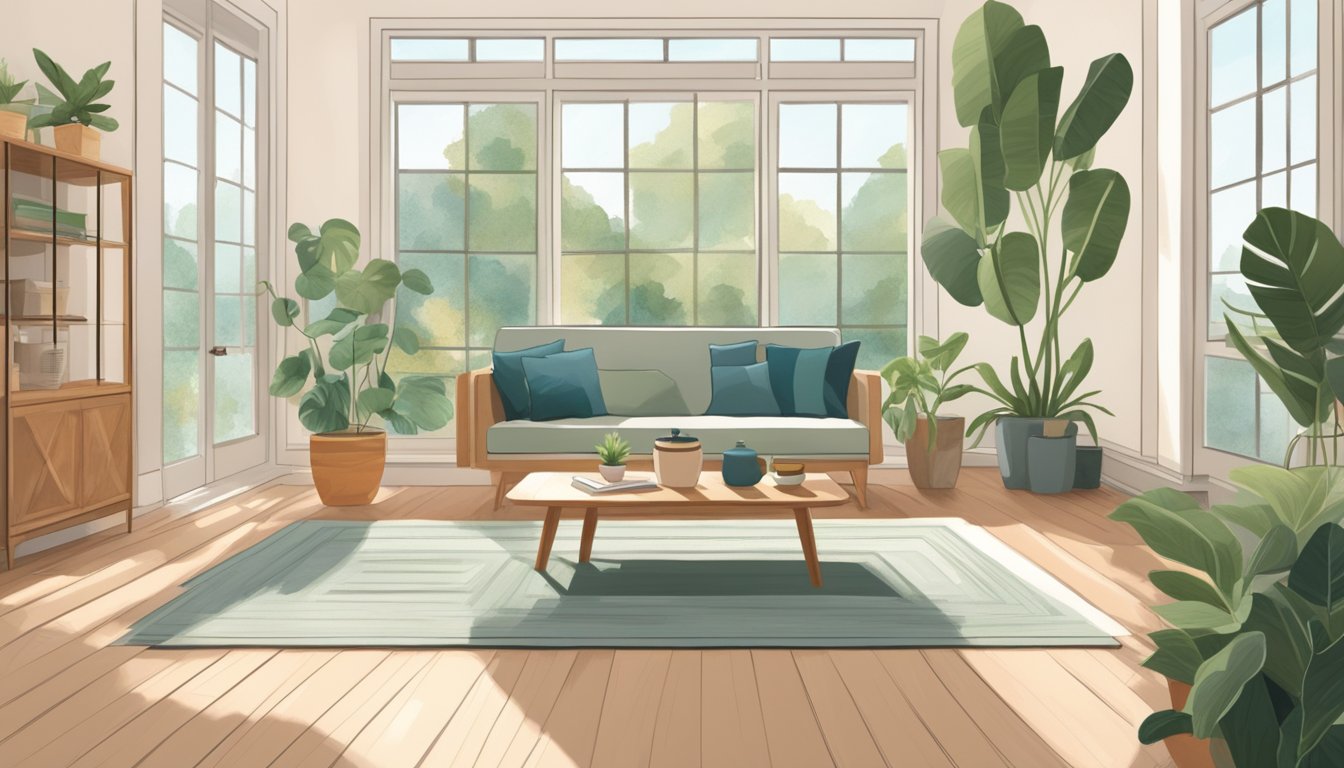 A serene living room with a yoga mat and resistance bands laid out, surrounded by potted plants and soft natural light filtering in through the window