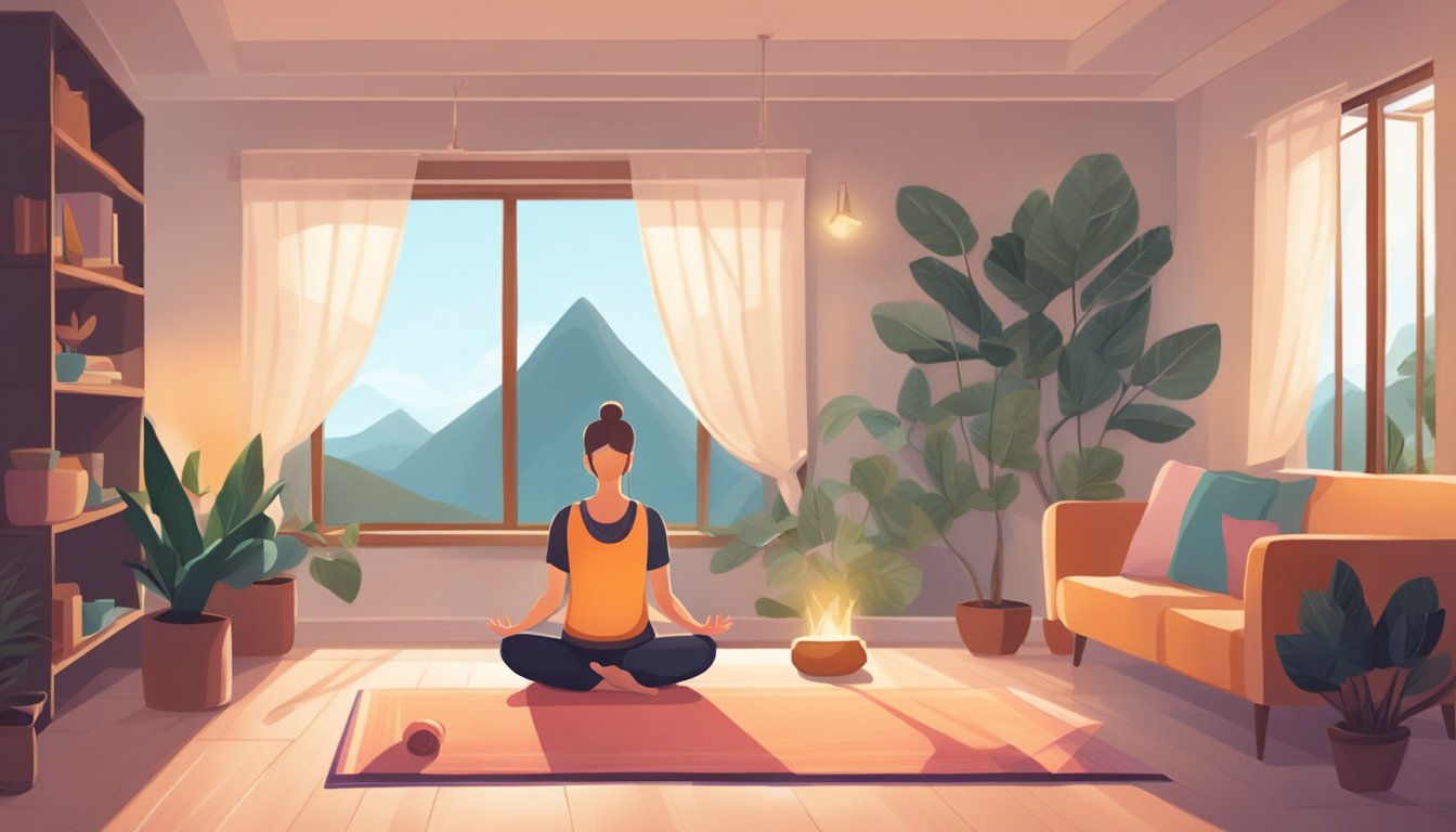 A cozy living room with soft lighting, a yoga mat, and a person meditating in a peaceful atmosphere