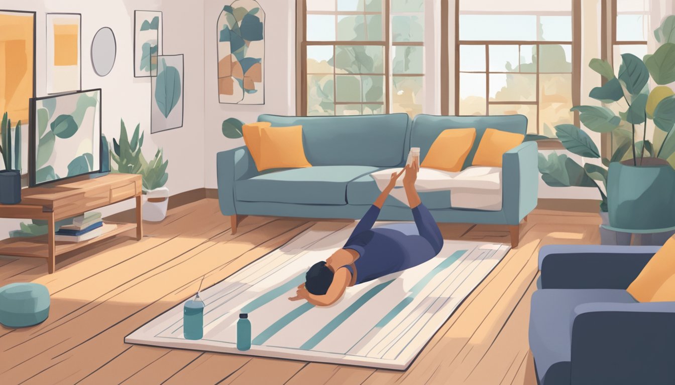 A cozy living room with a yoga mat and resistance bands laid out. A person's hand reaches for a water bottle nearby