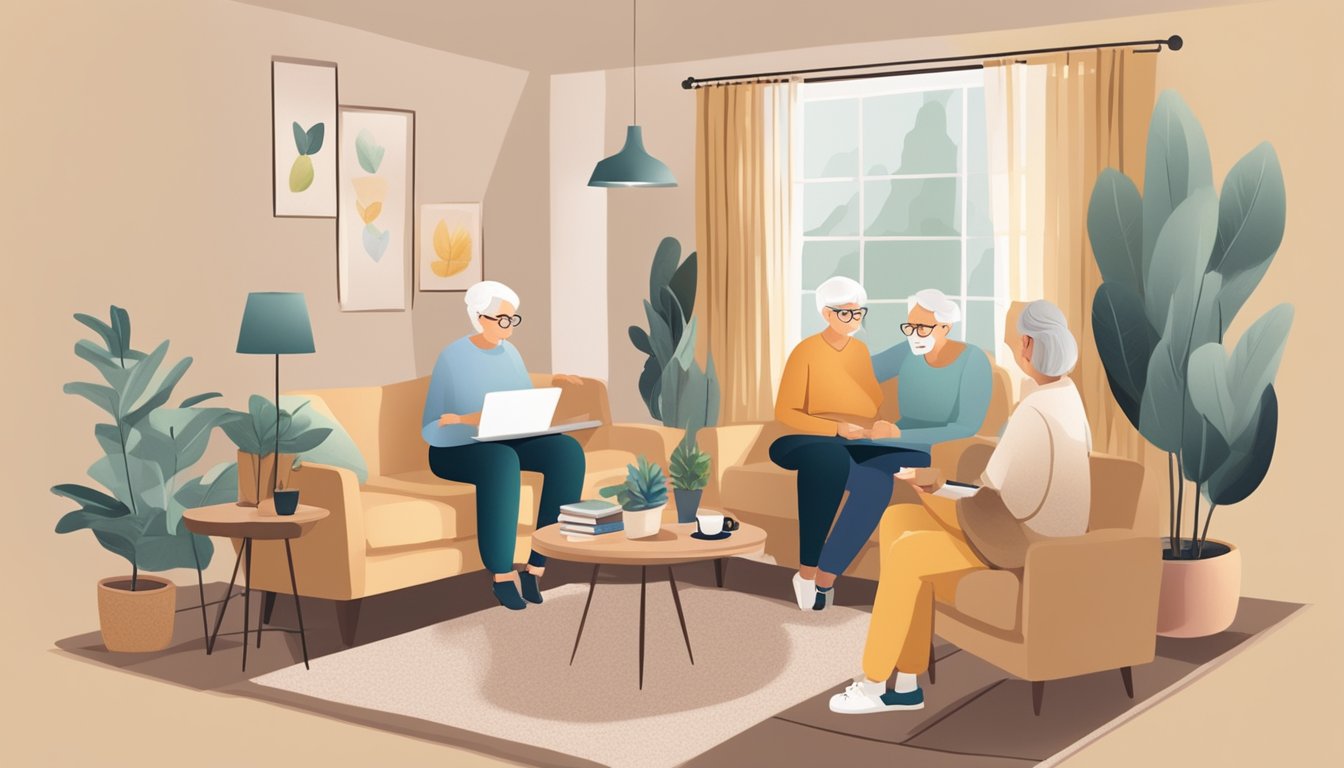 A cozy living room with a senior and a caregiver discussing insurance options. A pamphlet and a laptop are on the coffee table