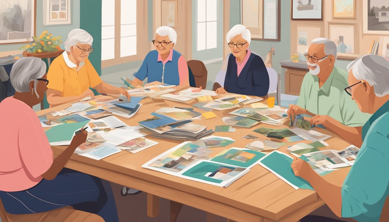 A group of seniors and caregivers sit around a table, cutting and pasting photos and mementos into personalized memory books. Tables are covered in colorful paper, scissors, glue, and old photographs