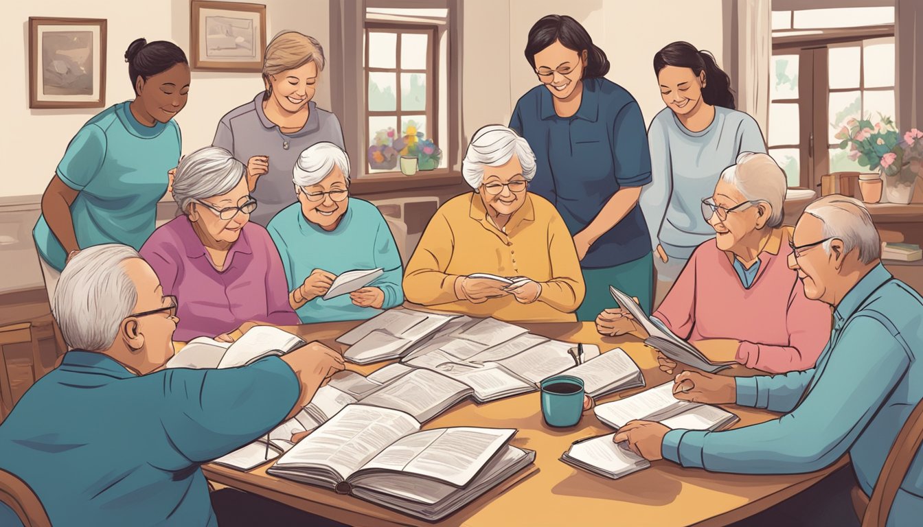 A senior sits at a table surrounded by family and caregivers, flipping through a memory book. Photos and mementos are scattered across the table, as everyone shares stories and laughter