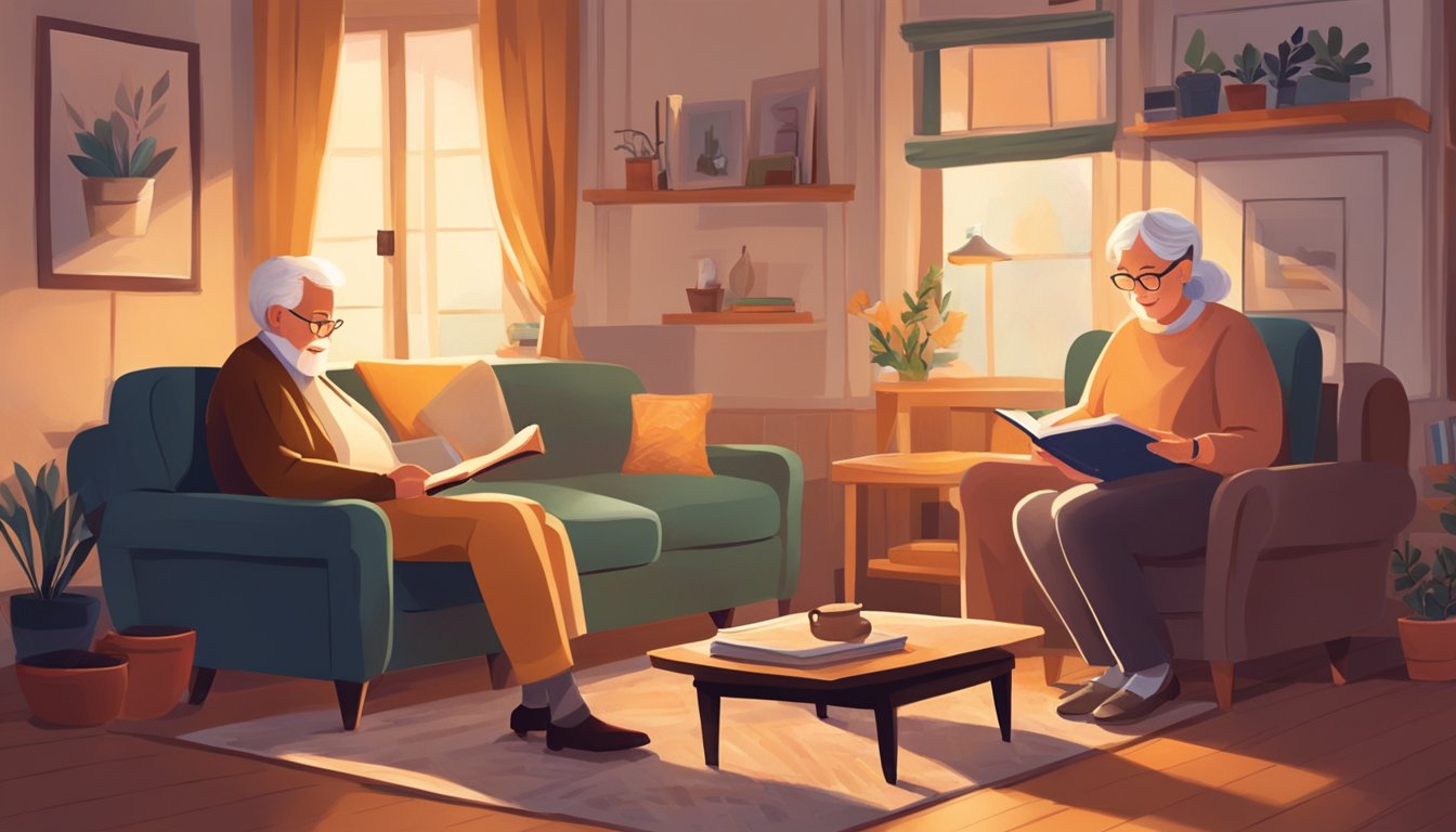 A cozy living room with a senior and caregiver flipping through a memory book. Warm lighting, comfortable seating, and a sense of nostalgia