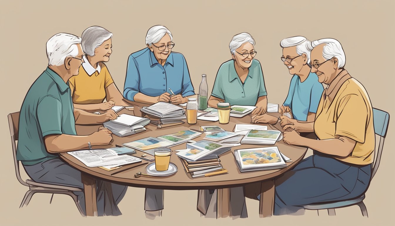 A group of seniors in home care sit around a table, reminiscing and sharing stories. Photographs and mementos are scattered across the table as they work on creating memory books together