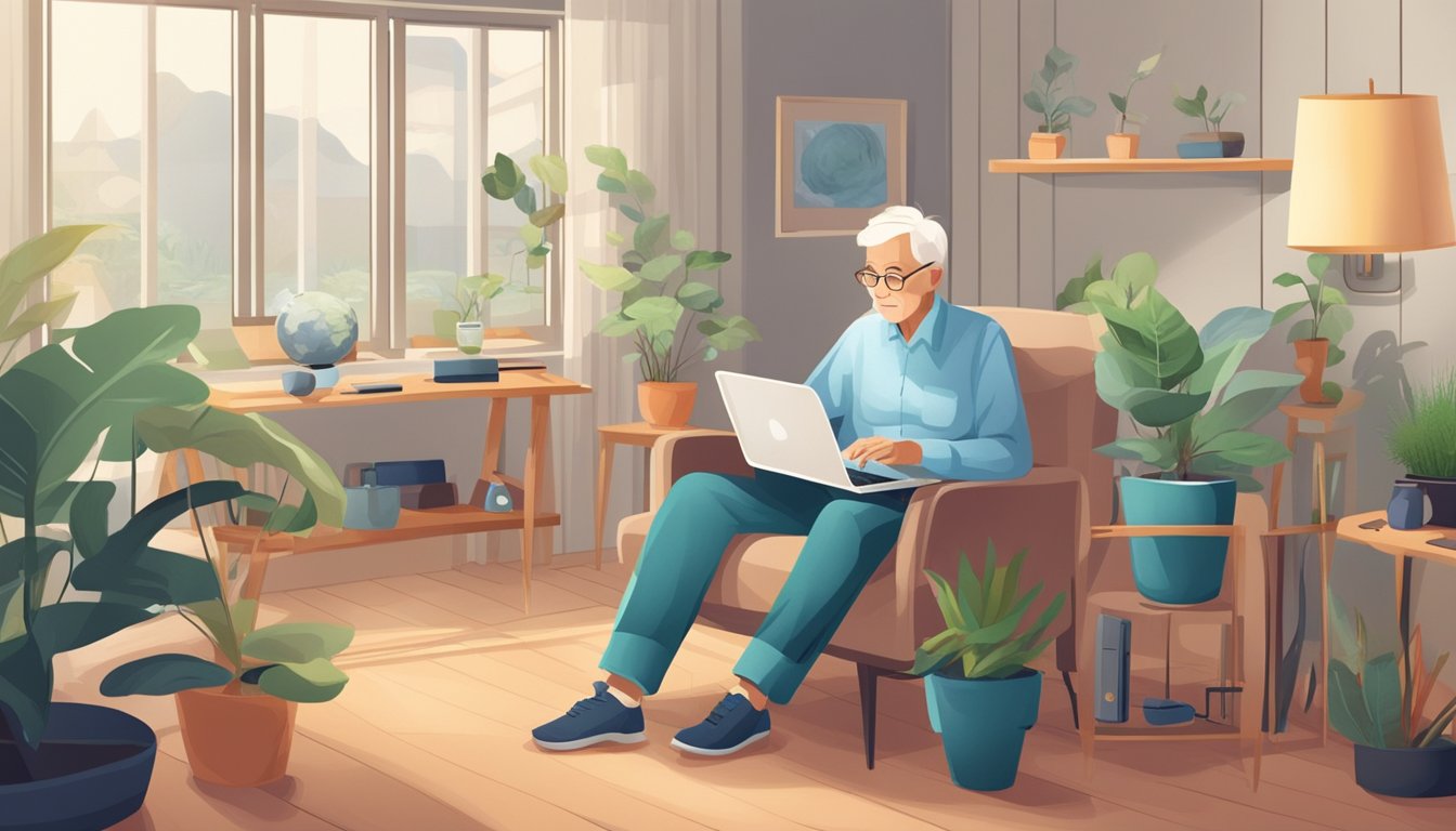 An elderly person sitting in a comfortable home environment, surrounded by technology devices and tools for care coordination and monitoring