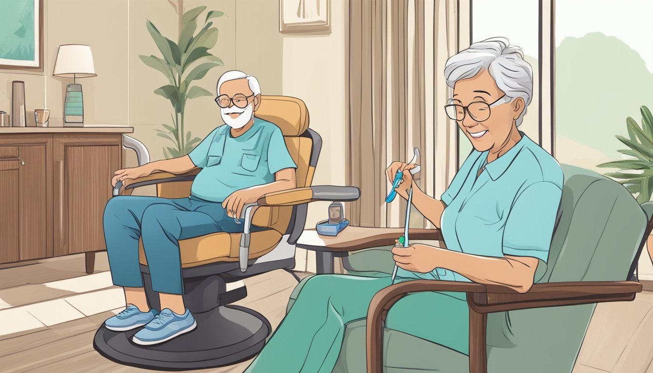 An older adult sitting in a comfortable chair, with a toothbrush and dental floss on a nearby table. A caregiver is assisting with oral hygiene