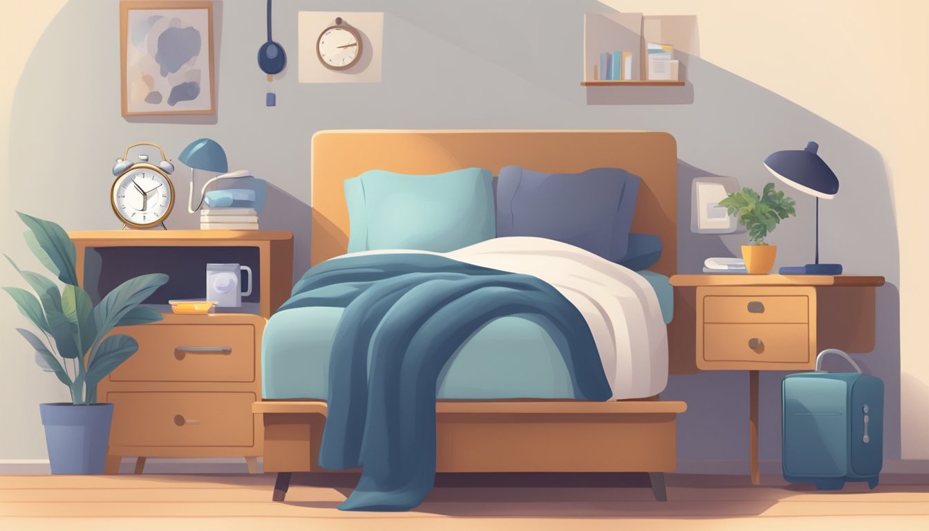 A cozy bedroom with a bedside table holding a sleep journal, a clock, and a CPAP machine. A caregiver sits nearby, monitoring the patient's sleep patterns