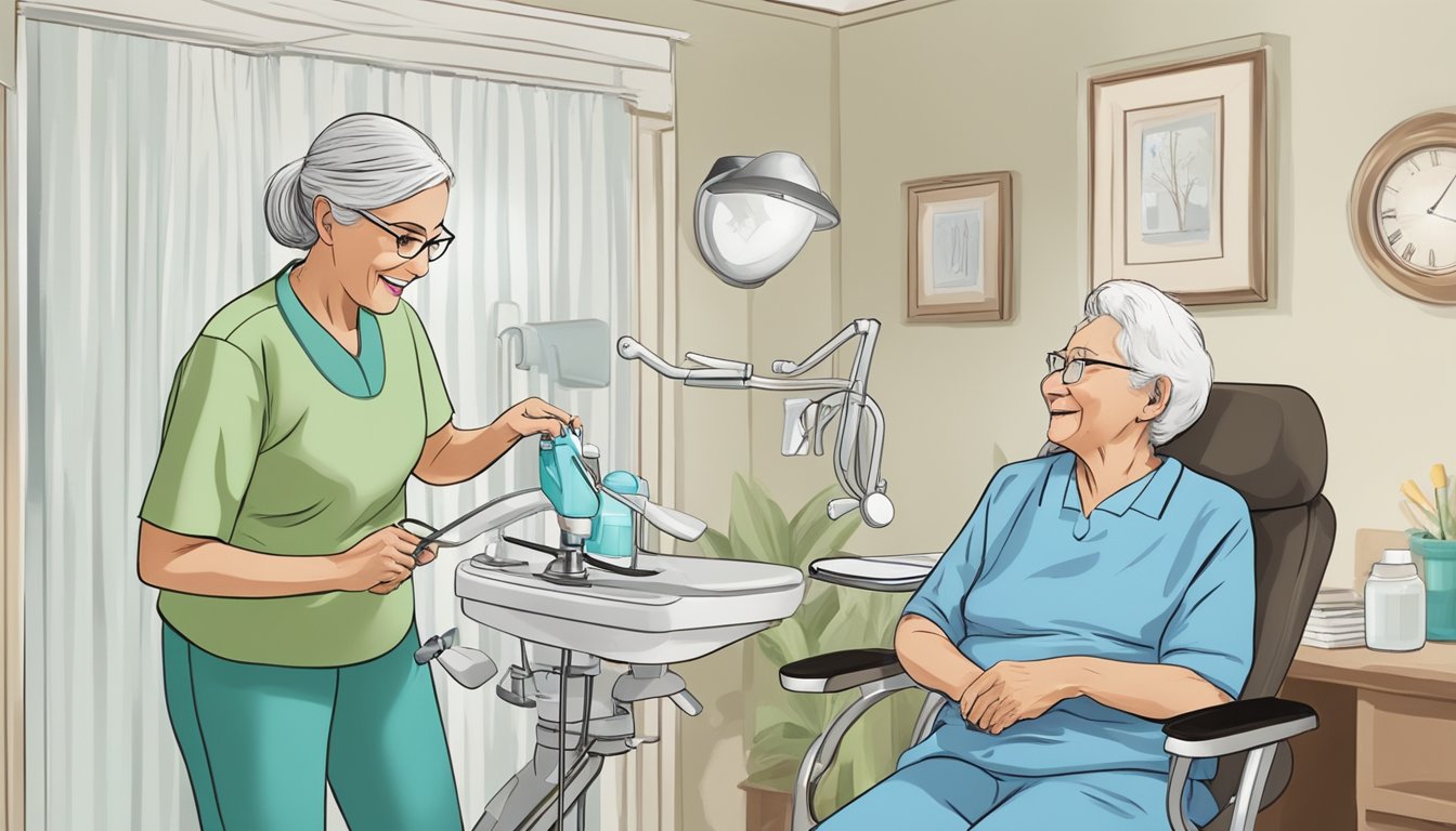 A dental hygienist conducting an oral health assessment on an elderly person in a home setting, with dental tools and equipment nearby for quality improvement