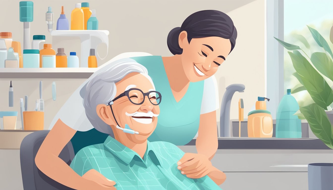 A smiling elderly person receiving oral care at home from a caregiver using specialized tools and products