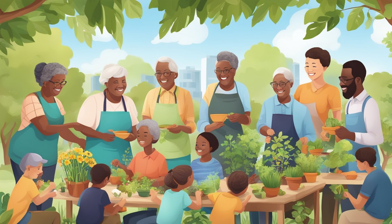 A group of diverse individuals engaged in activities together, such as gardening, cooking, or playing games, representing different generations coming together for intergenerational activities