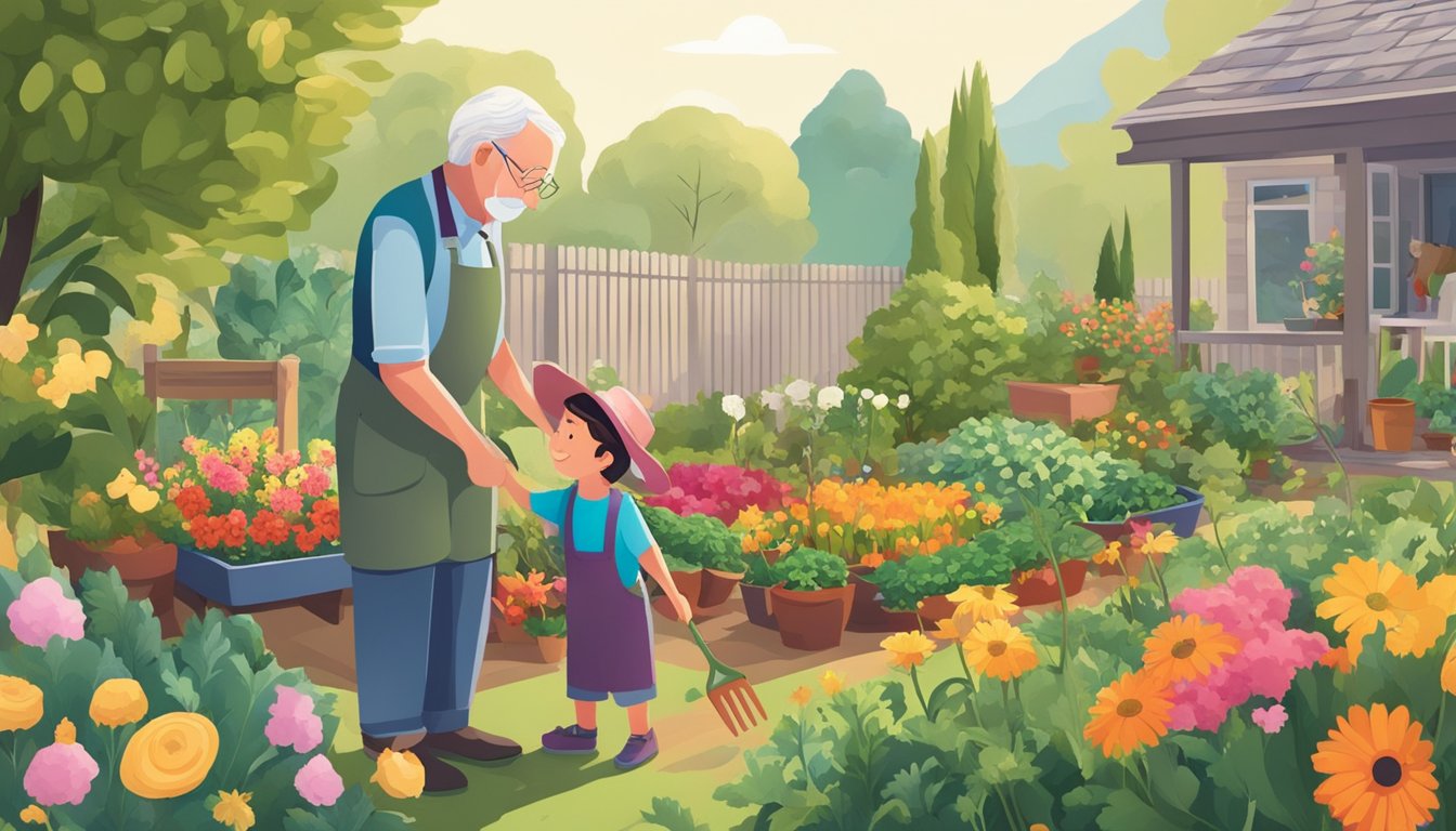 An older adult and a child gardening together in a backyard, surrounded by colorful flowers and vegetables