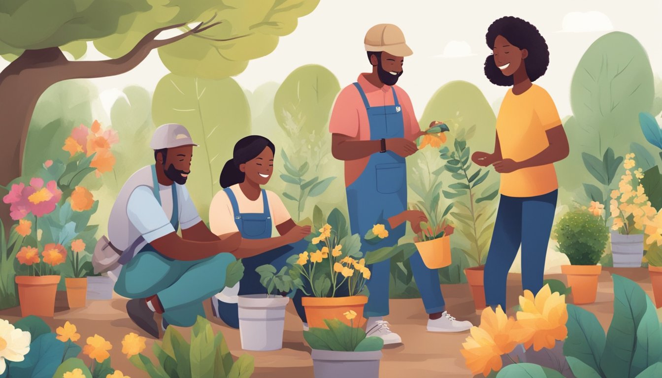 A group of diverse individuals engage in various activities together, such as gardening, playing games, and sharing stories, creating a warm and inclusive atmosphere