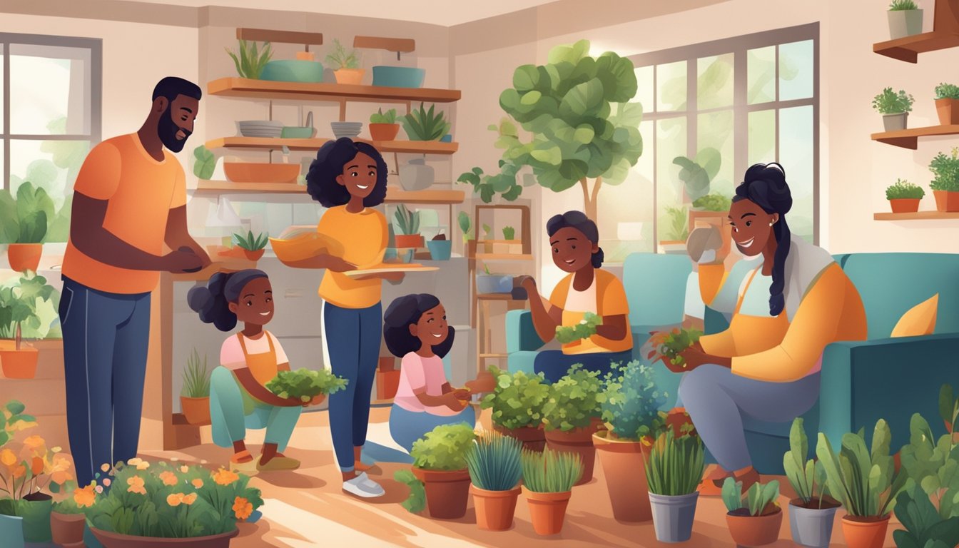 A group of diverse individuals engage in activities such as gardening, cooking, and playing games together in a cozy home setting