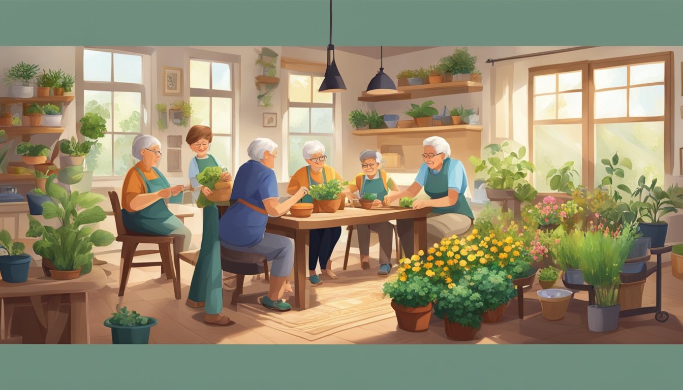 A group of older adults and children engage in various activities like gardening, cooking, and playing games in a cozy home setting