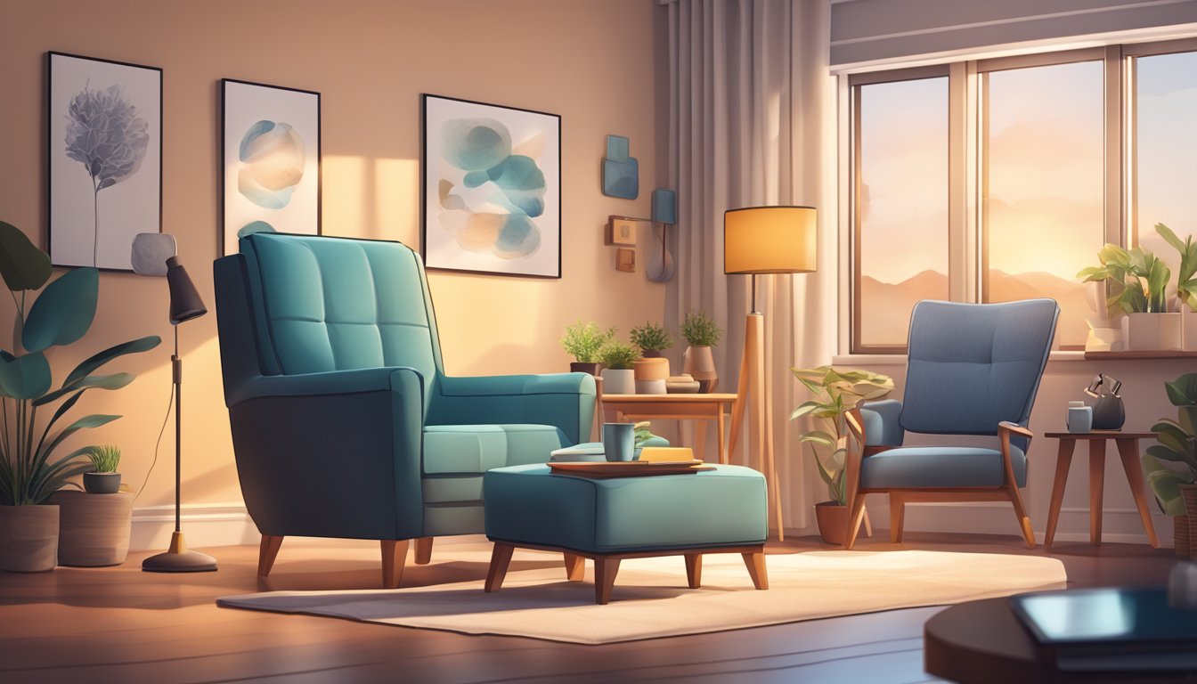 A cozy living room with a comfortable armchair, soft lighting, and a side table with a variety of pain management tools and resources