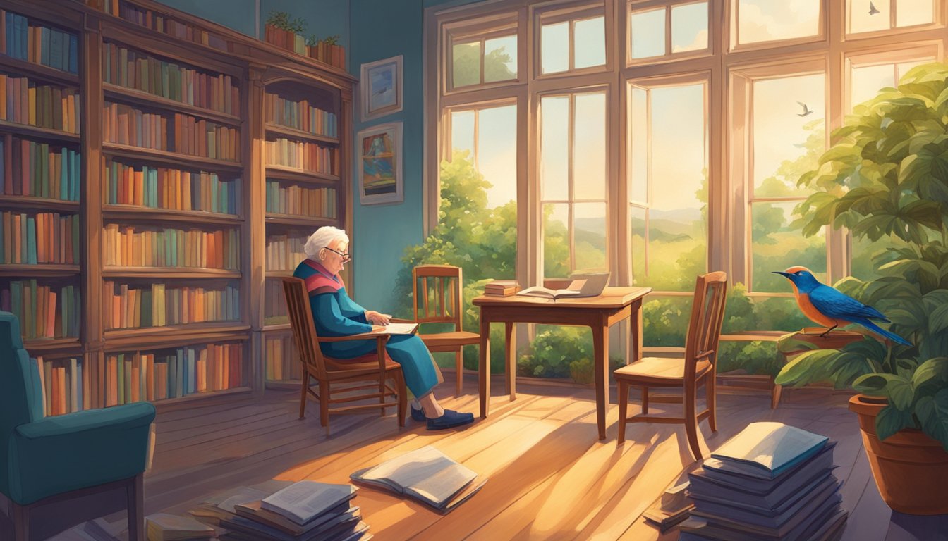 Elderly person sitting alone in a dimly lit room, surrounded by untouched books and empty chairs. A vibrant garden outside the window with birds and butterflies