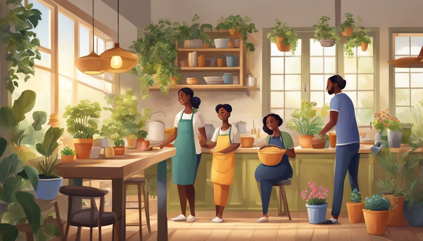 A group of diverse individuals engage in various activities, such as gardening, cooking, and storytelling, in a warm and inviting home environment