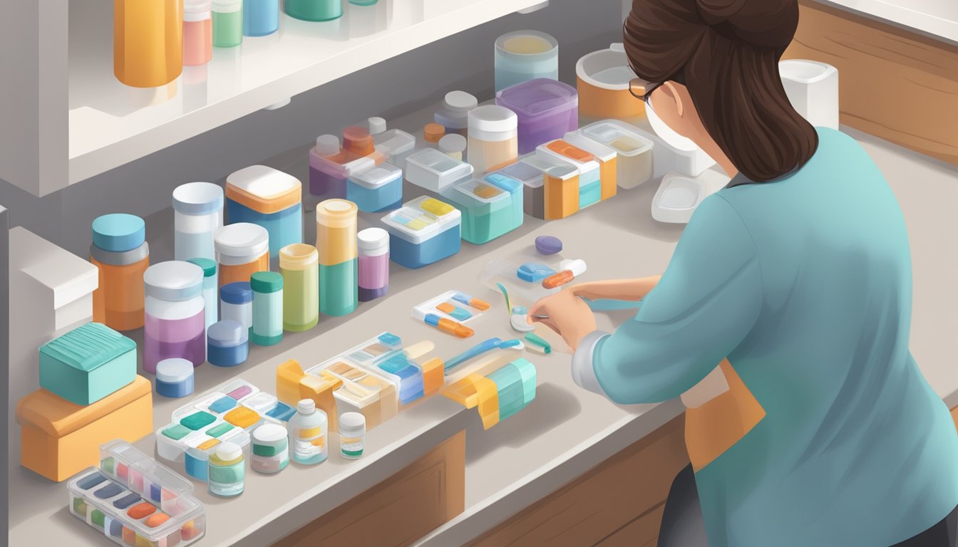 A home caregiver carefully organizing and labeling different medications and pain management tools on a clean, well-lit countertop