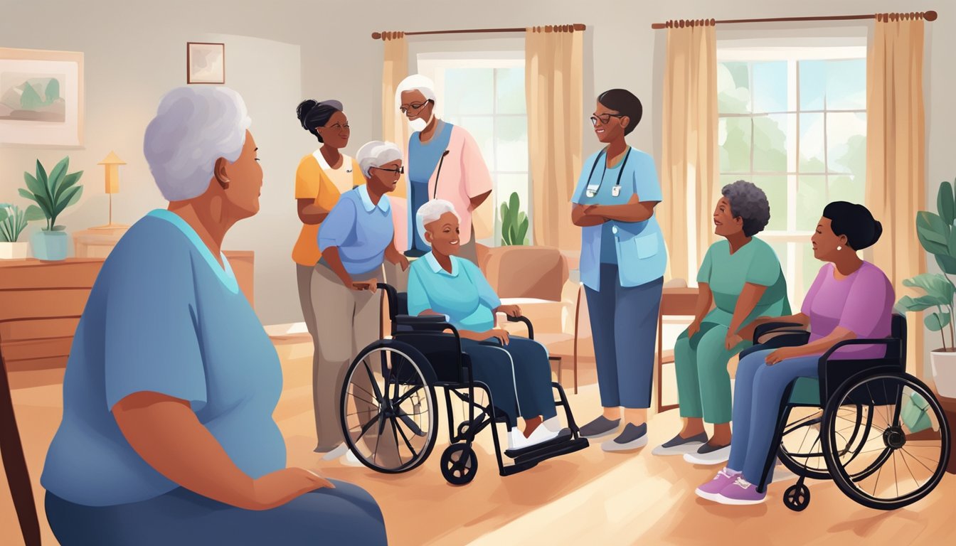 A group of diverse home care clients and their caregivers engage in various activities together, facing and overcoming obstacles and challenges