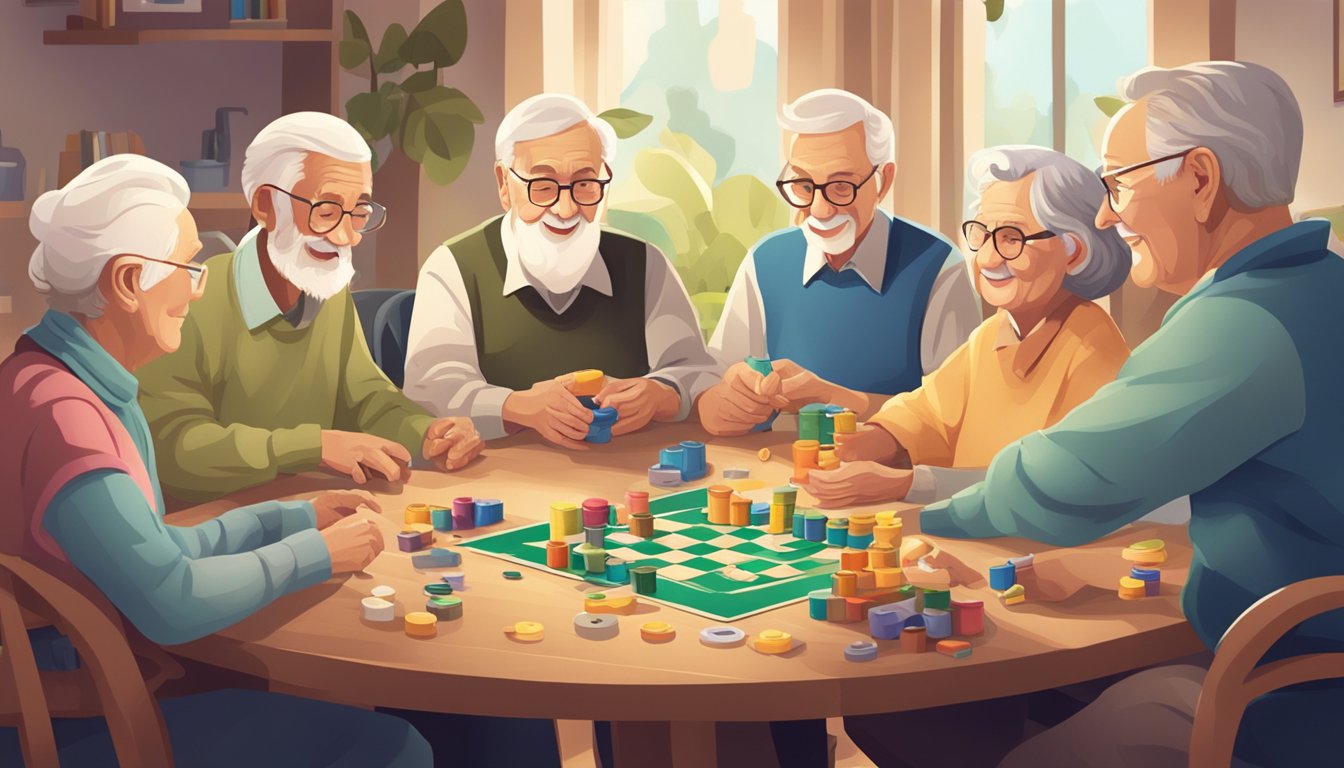 A group of elderly individuals are gathered around a table, engaging in various activities such as playing games, doing crafts, and chatting with one another