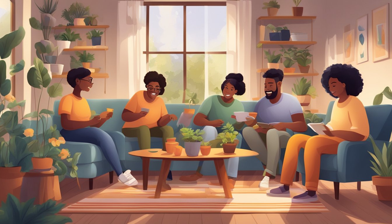 A group of diverse individuals engage in various activities together, such as playing games, gardening, and sharing stories in a cozy home setting