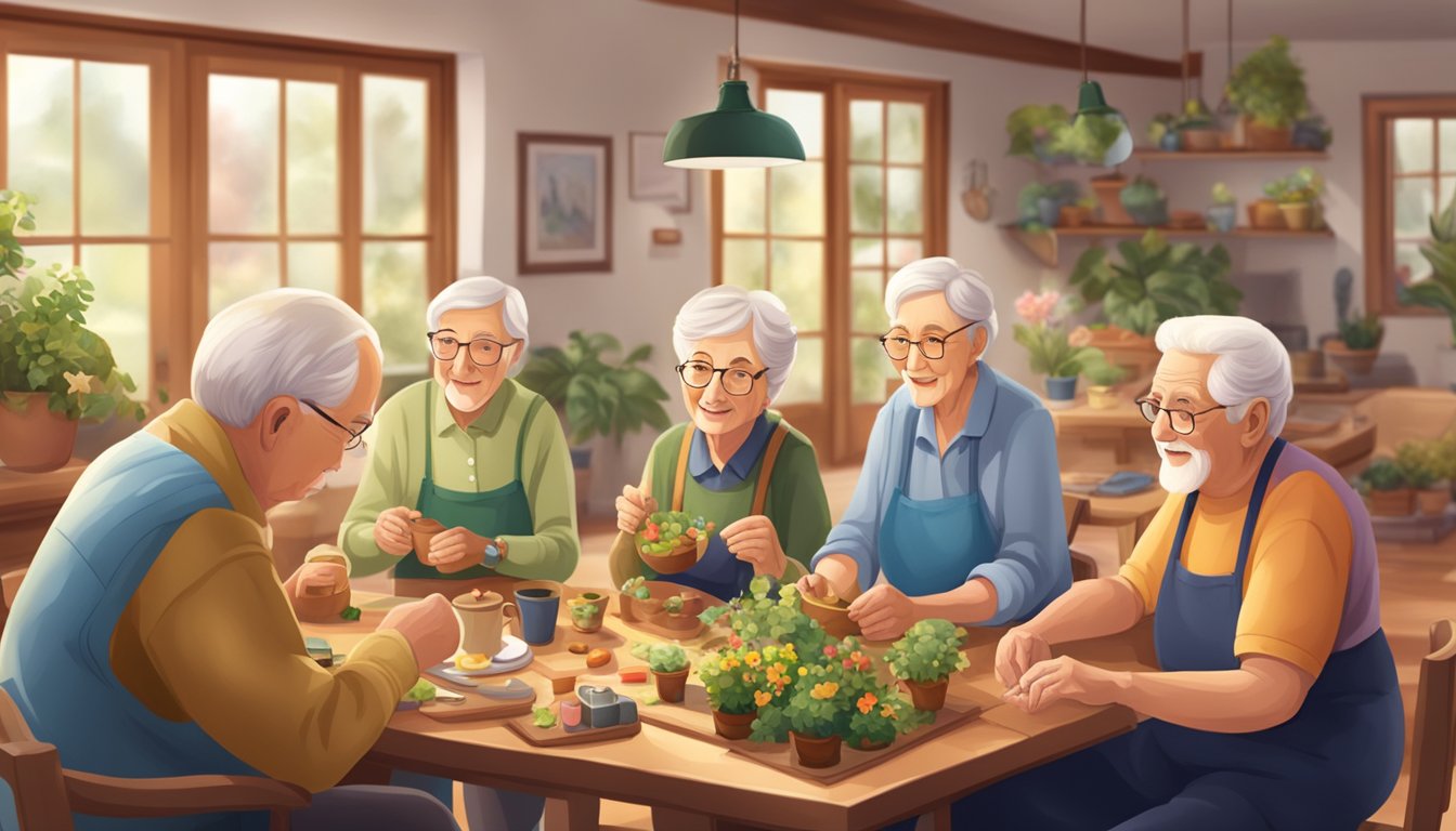 A group of elderly individuals engaging in various social activities such as gardening, board games, and exercise in a cozy and inviting home setting