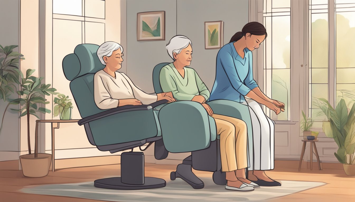 A serene home setting with a comfortable chair, soft lighting, and a caregiver gently assisting a patient in pain management