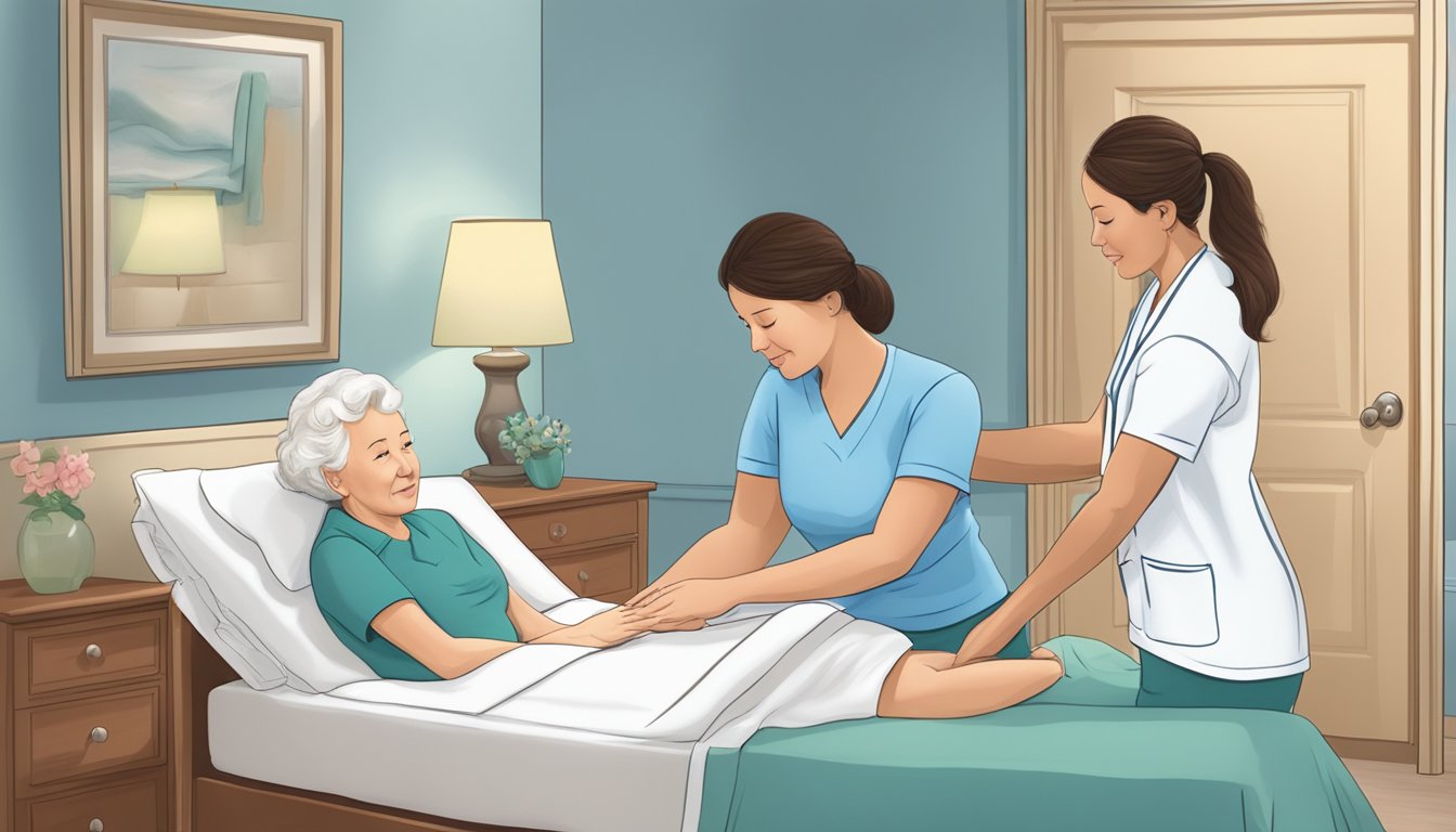 A caregiver changing a bedridden patient's incontinence pad in a home setting