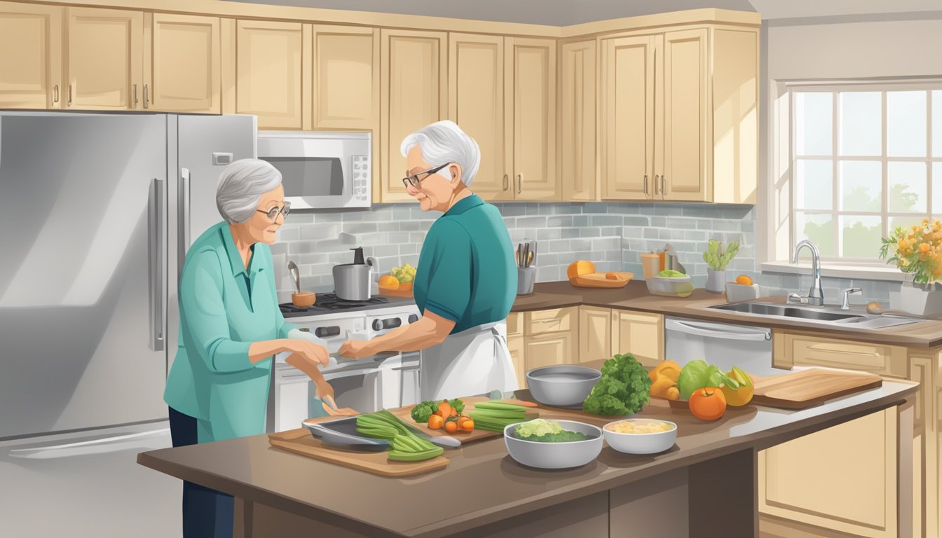 An elderly person using adaptive equipment to prepare a meal in a well-organized and accessible kitchen, with an occupational therapist providing guidance from a distance