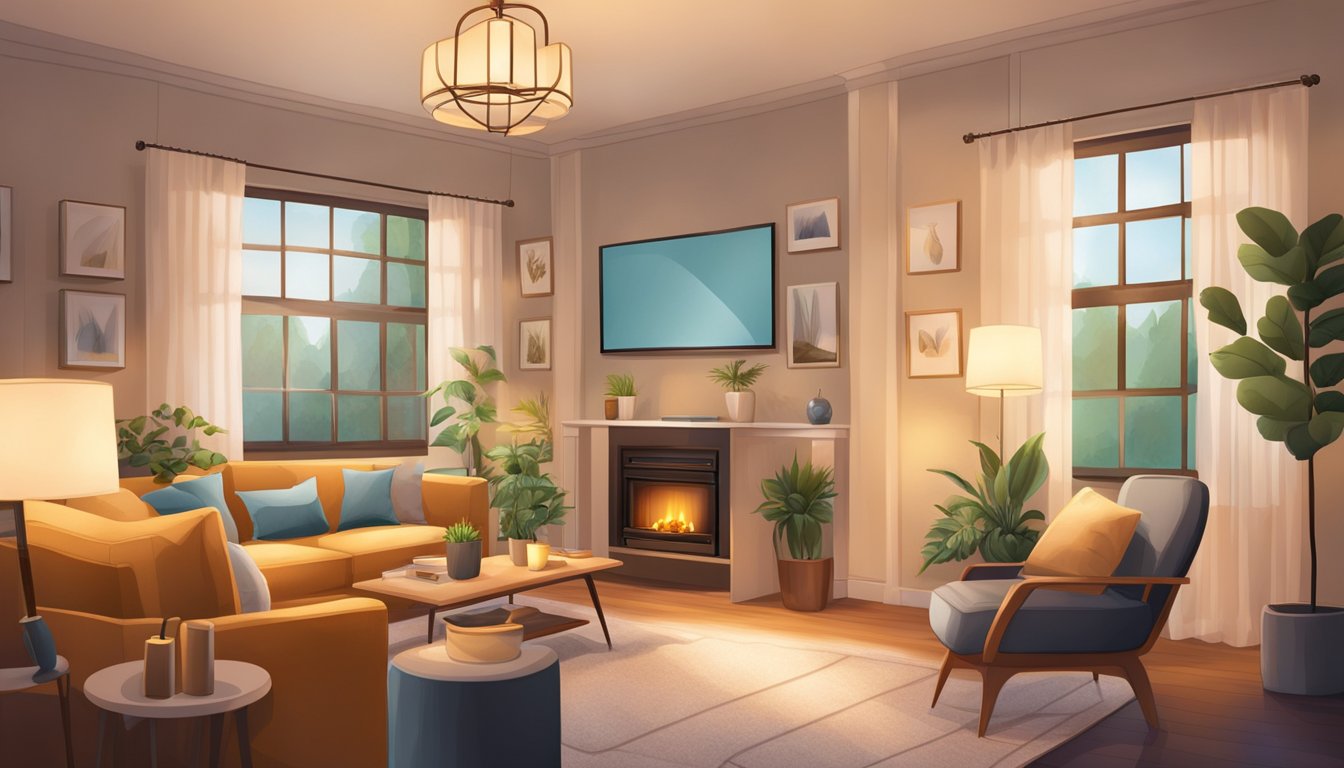 A cozy living room with adjustable lighting, warm natural tones, and multiple light sources to create a comfortable and well-lit environment for elder care