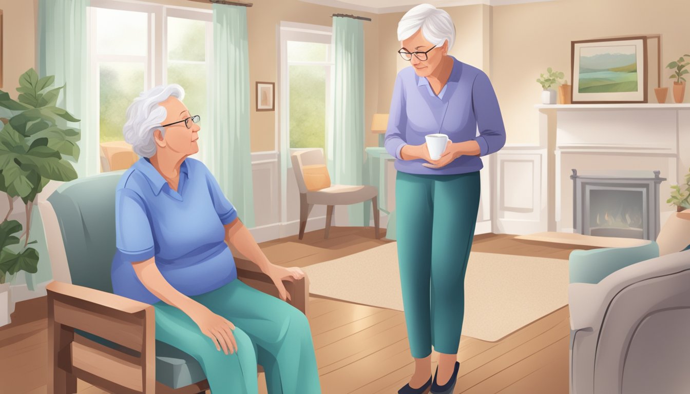 A caregiver gently assists a senior with incontinence, offering emotional support and communicating effectively in a comfortable home care setting