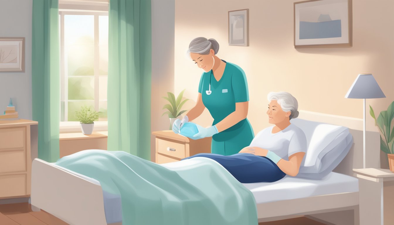 A caregiver changing a bedridden patient's incontinence pad in a tidy and well-lit home care setting