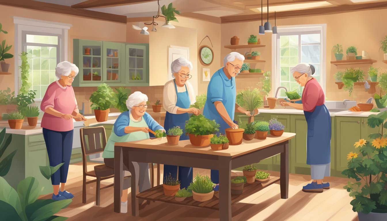 A group of elderly individuals engage in various activities such as gardening, cooking, and exercising with the assistance of an occupational therapist in a cozy home setting