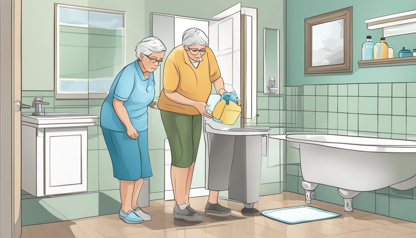 A caregiver assisting a senior with incontinence supplies in a home bathroom