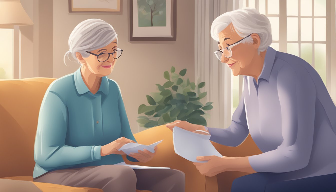 A caregiver assists a senior with incontinence supplies, while discussing future care plans in a cozy home setting