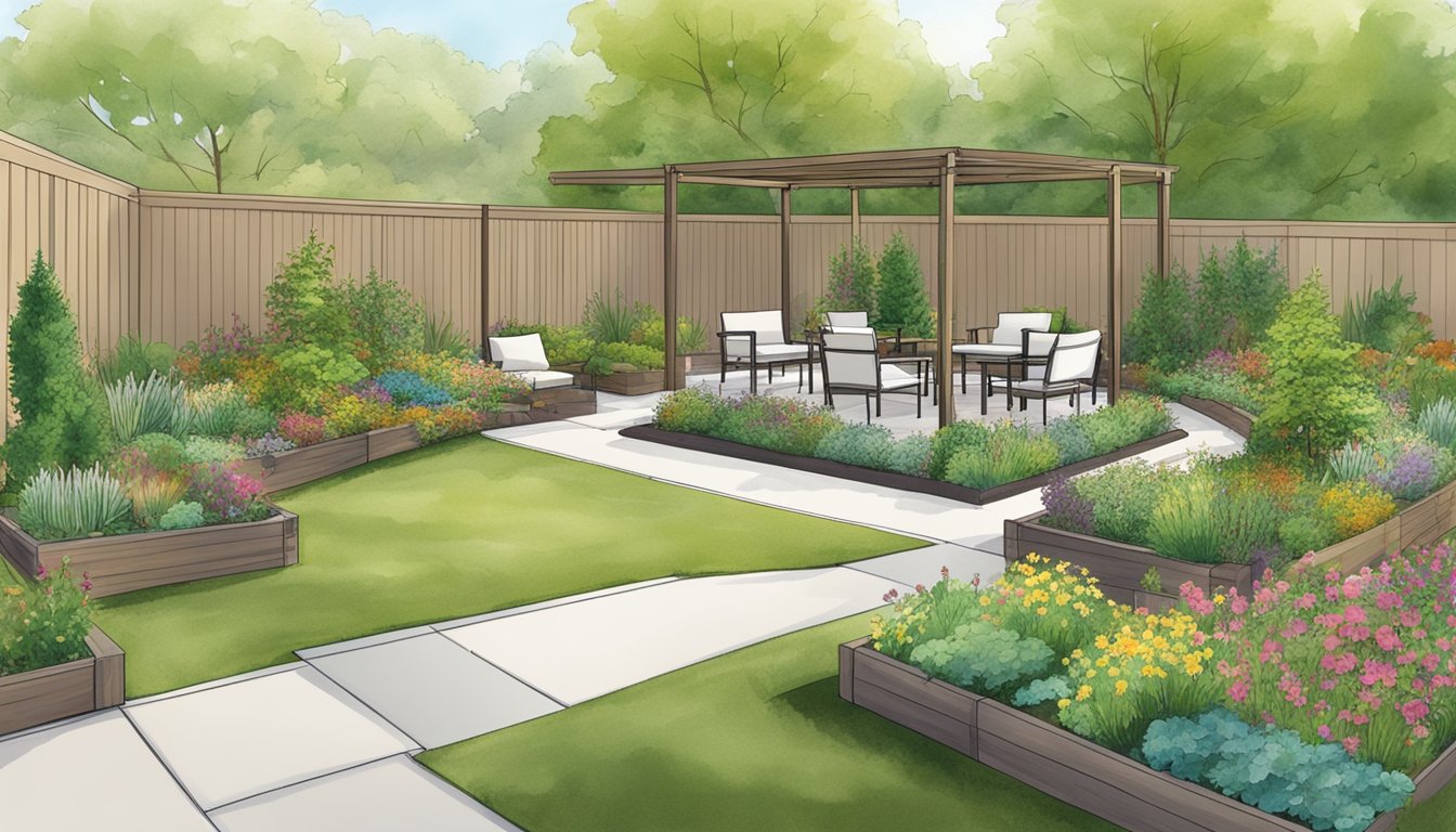 A garden with wide, flat pathways, raised garden beds, and comfortable seating areas. A mix of sensory plants and tactile features for accessibility and enjoyment